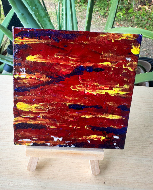 Fiery Horizon 4x4 Canvas Panel + Wooden Mini Easel for Display