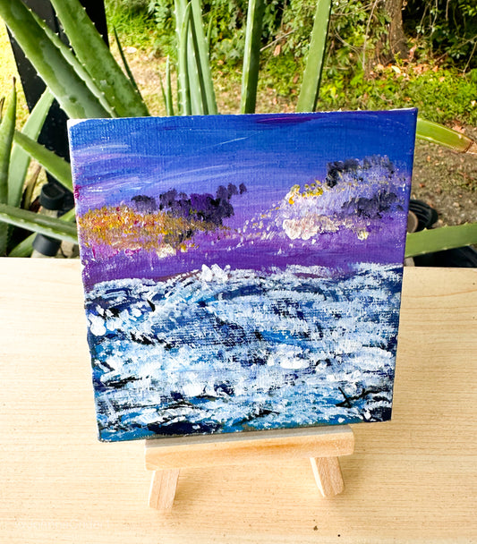 Lavender Ocean Fury 4x4 Canvas Panel + Mini Easel for Display