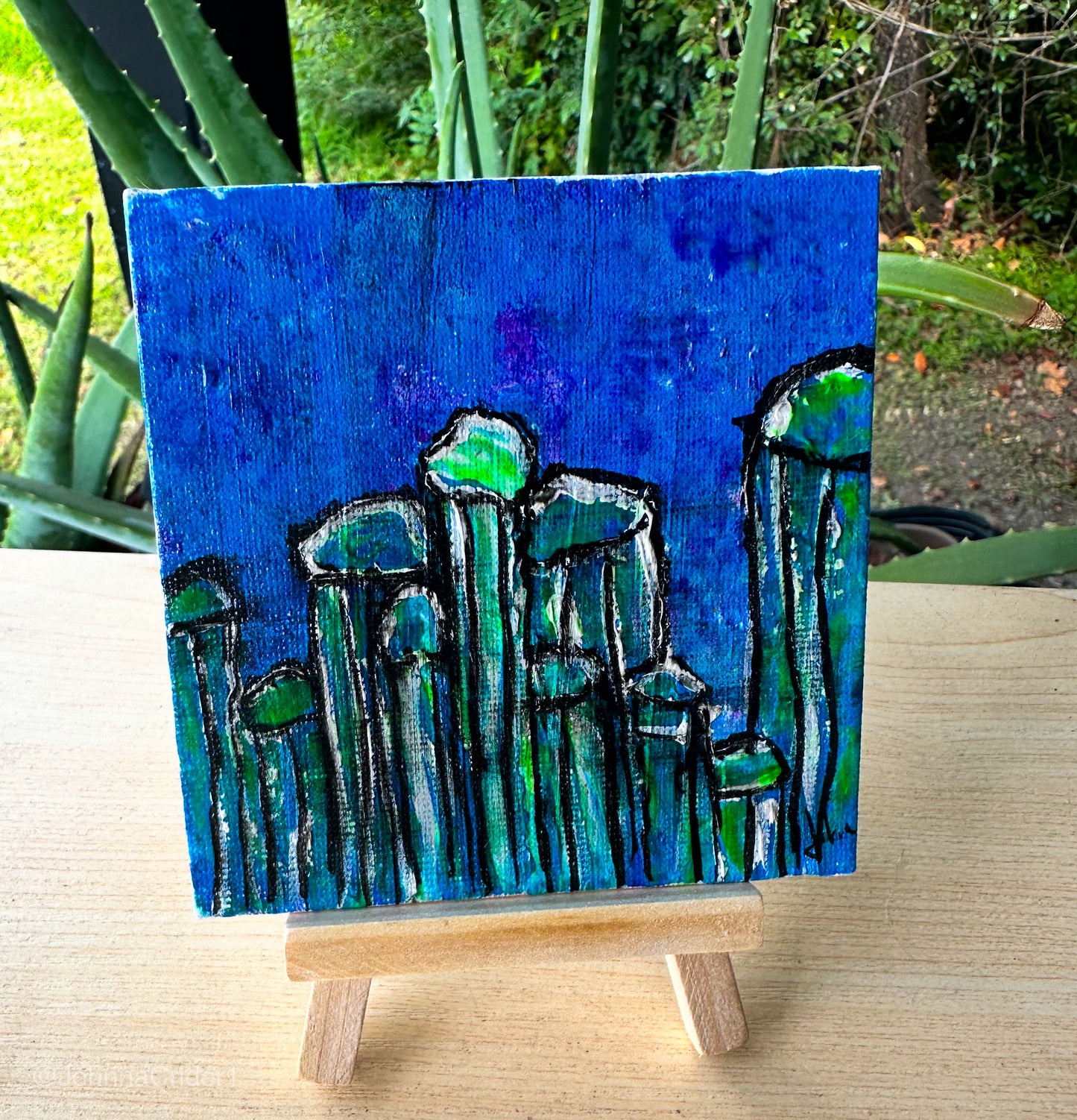 Glowing Crystals 4x4 Canvas Panel + Wooden Mini Easel for Display.