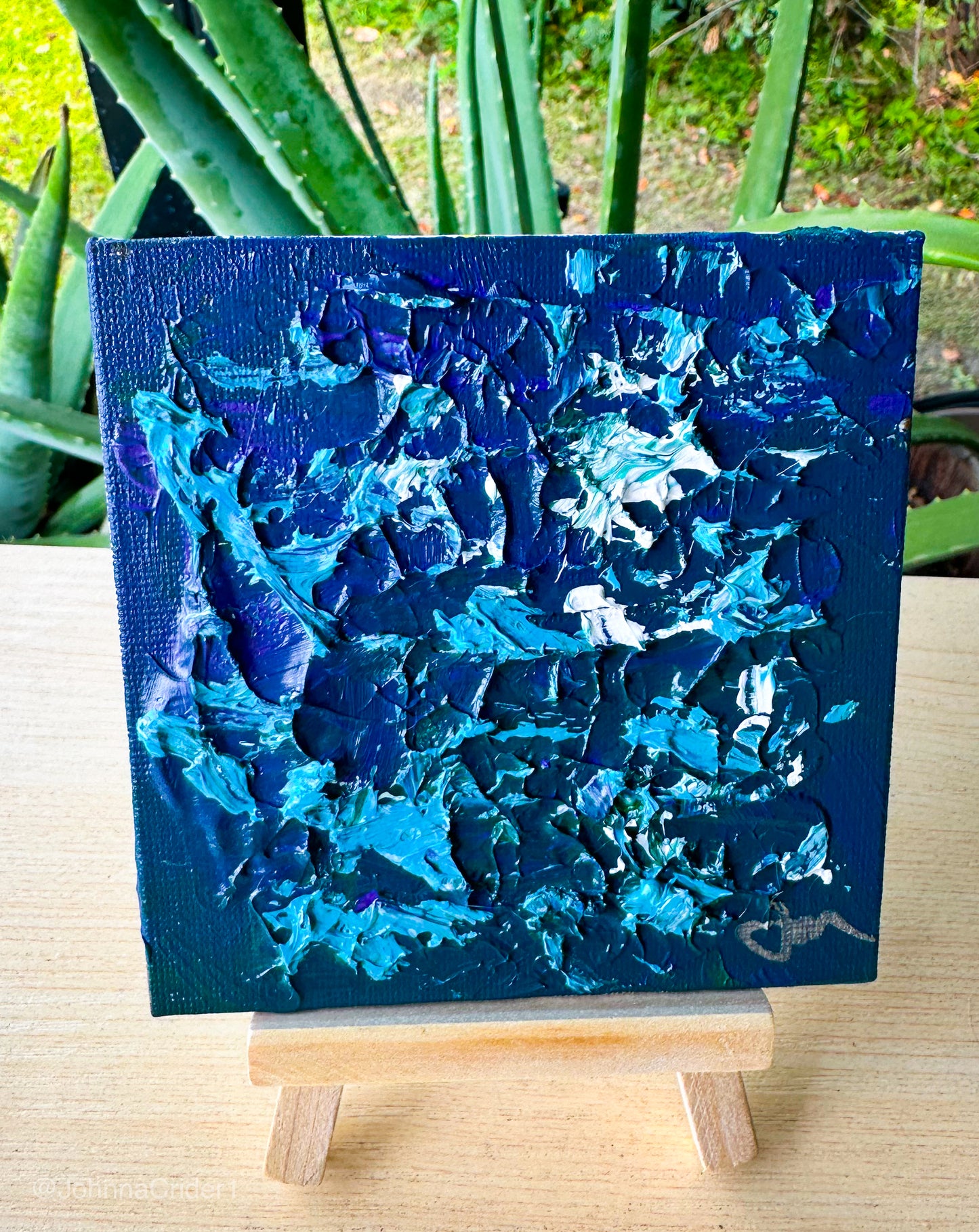 Turquoise Tempest 4x4 Canvas Panel + Mini Easel for Display