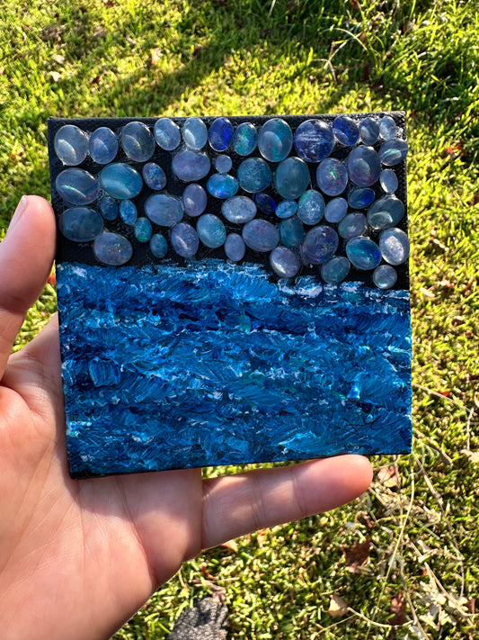 Opal Skies 4x4 in canvas panel + mini easel for display